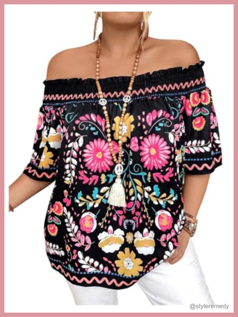 Plus Size Floral Off Shoulder Blouse Half Sleeve Boho Casual Vacation Top
